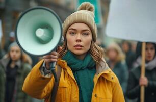 AI generated a woman holding a megaphone and protesting street signs, photo