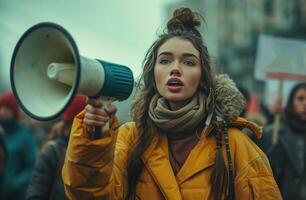 ai generado un mujer participación un megáfono y protestando calle señales, foto