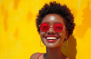 AI generated a woman smiling wearing red sunglasses photo