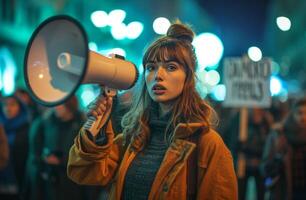 AI generated a woman holding a megaphone and protesting street signs, photo