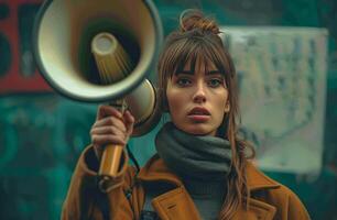 ai generado un mujer participación un megáfono y protestando calle señales, foto