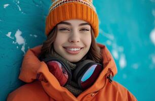 AI generated a young woman in black jacket sports a snowboard on a blue background photo