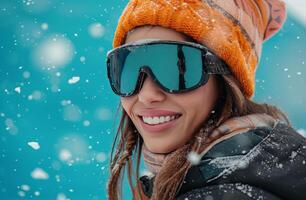 AI generated a young woman in black jacket sports a snowboard on a blue background photo