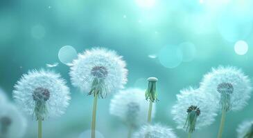AI generated dandelions are flying in front of a blurry background photo