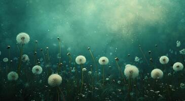 ai generado diente de león, verde y azul campo con blanco diente de león foto