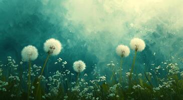 AI generated dandelion, green and blue field with white dandelions photo