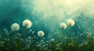 AI generated dandelion, green and blue field with white dandelions photo