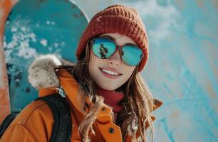 AI generated a young woman in black jacket sports a snowboard on a blue background photo