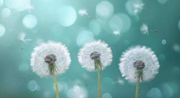 AI generated dandelions are flying in front of a blurry background photo