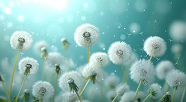 AI generated dandelions are flying in front of a blurry background photo