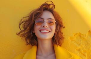 AI generated happy woman in yellow coat smiling with sun glasses on a yellow background photo