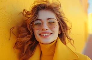 AI generated happy woman in yellow coat smiling with sun glasses on a yellow background photo