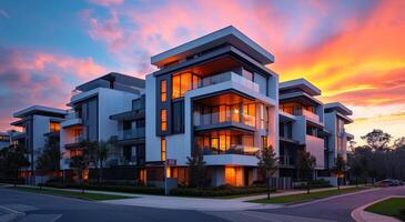 AI generated modern apartment building near the street at sunset photo