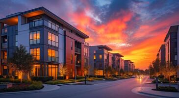AI generated modern apartment building near the street at sunset photo