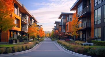 AI generated modern apartment complex street scene in the city photo