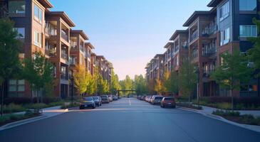 AI generated modern apartment complex street scene in the city photo