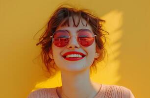 AI generated smiling young woman with sunglasses on yellow background photo