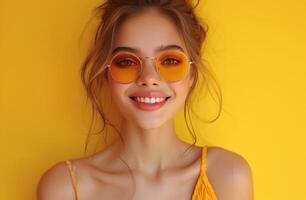 AI generated smiling young woman with sunglasses on yellow background photo