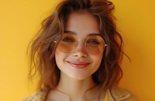 AI generated smiling young woman with sunglasses on yellow background photo