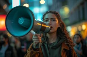 AI generated woman holding megaphone during protest outside of tantan studios photo