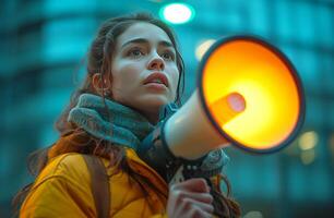 ai generado mujer participación megáfono durante protesta fuera de de tantan estudios foto