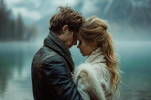 AI generated Lovers embraced in a picturesque setting for advertising romance photo