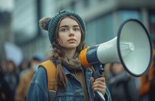 ai generado mujer participación megáfono durante protesta fuera de de tantan estudios foto