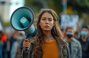 AI generated woman holding megaphone during protest outside of tantan studios photo