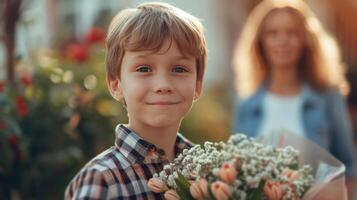 ai generado un 10 años chico en un a cuadros camisa soportes con un ramo de flores de flores para su madre foto