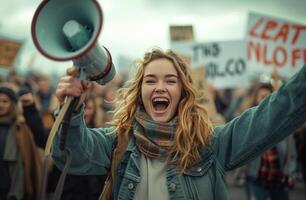 AI generated woman shouting into megaphone while holding signs in front of the protest photo