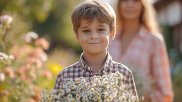 ai generado un 10 años chico en un a cuadros camisa soportes con un ramo de flores de flores para su madre foto