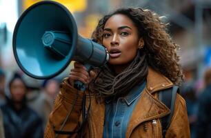 AI generated woman holding megaphone during protest outside of tantan studios photo