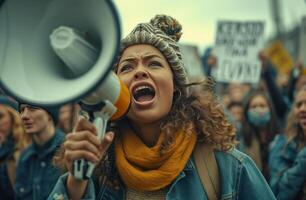 AI generated woman shouting into megaphone while holding signs in front of the protest photo