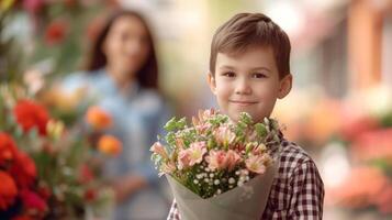 ai generado un 10 años chico en un a cuadros camisa soportes con un ramo de flores de flores para su madre foto