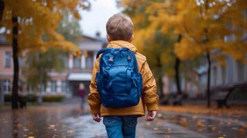 ai generado un chico con un azul colegio mochila alegremente camina a colegio foto