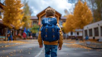 ai generado un chico con un azul colegio mochila alegremente camina a colegio foto