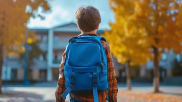 ai generado un chico con un azul colegio mochila alegremente camina a colegio foto