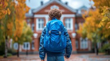 ai generado un chico con un azul colegio mochila alegremente camina a colegio foto