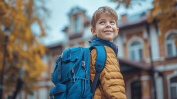 ai generado un chico con un azul colegio mochila alegremente camina a colegio foto