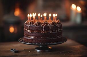 ai generado un marrón pastel con un montón de velas foto