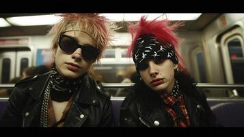 AI generated A couple of teenagers dressed as punks ride the subway in city photo