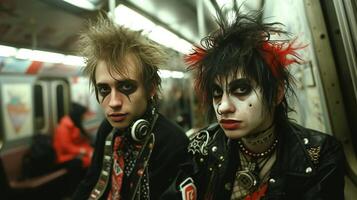 ai generado un Pareja de adolescentes vestido como punks paseo el subterraneo en ciudad foto