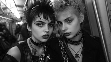 ai generado un Pareja de adolescentes vestido como punks paseo el subterraneo en ciudad foto