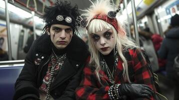 ai generado un Pareja de adolescentes vestido como punks paseo el subterraneo en ciudad foto