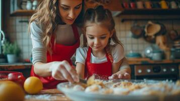 AI generated A girl and her mother in red aprons are baking pancakes in the kitchen photo