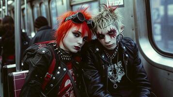 ai generado un Pareja de adolescentes vestido como punks paseo el subterraneo en ciudad foto