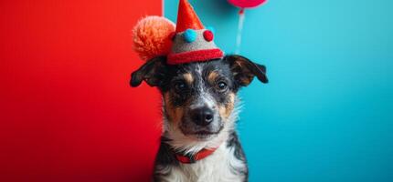 ai generado un perro vistiendo un cumpleaños sombrero y un juguete foto