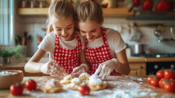 AI generated A girl and her mother in red aprons are baking pancakes in the kitchen photo