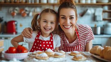 AI generated A girl and her mother in red aprons are baking pancakes in the kitchen photo