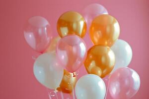 ai generado oro, rosa, blanco y naranja globos con un antecedentes en el antecedentes foto